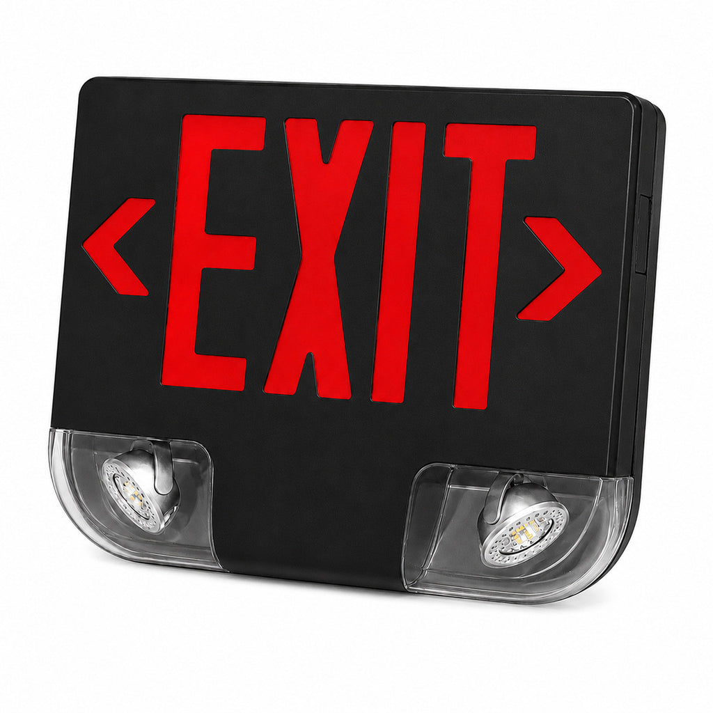 Standard Die-Cast Aluminum LED Exit Sign & Emergency Combo - Red Lettering Color with Black Housing Color - With 90 Minute Battery Back-Up