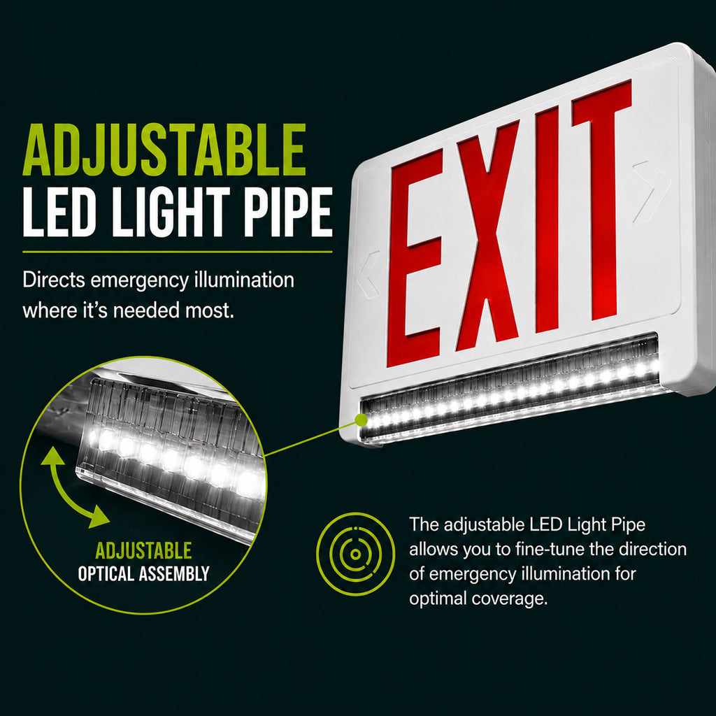 Standard Light pipe LED Exit & Emergency Combo - Red Lettering with White Housing Color - With 90 Minute Battery Back-Up
