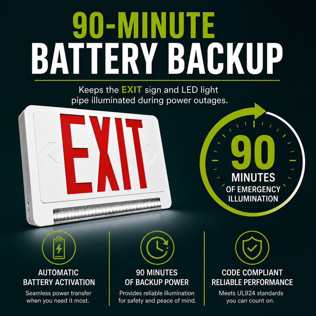 Standard Light pipe LED Exit & Emergency Combo - Red Lettering with Black Housing Color - With 90 Minute Battery Back-Up