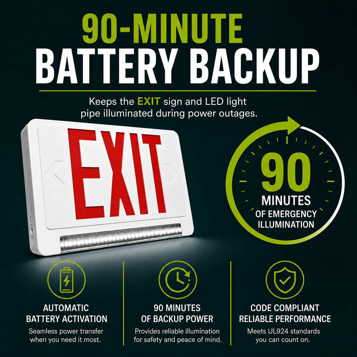 Standard Light pipe LED Exit & Emergency Combo - Red Lettering with White Housing Color - With 90 Minute Battery Back-Up