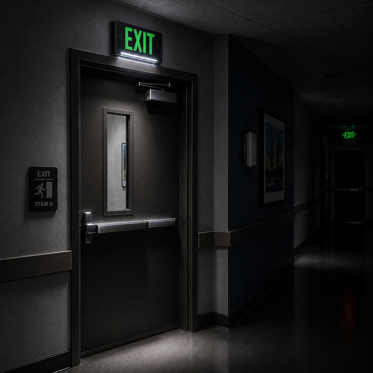 Standard Light Pipe LED Exit & Emergency Combo - Green Lettering with Black Housing Color - With 90 Minute Battery Back-Up