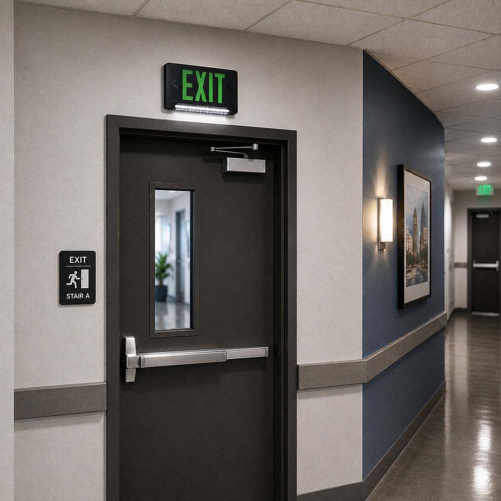 Standard Light Pipe LED Exit & Emergency Combo - Green Lettering with Black Housing Color - With 90 Minute Battery Back-Up
