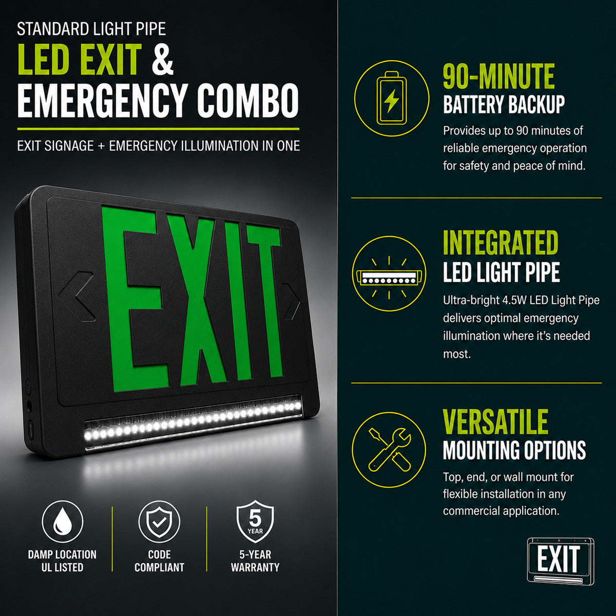 Standard Light Pipe LED Exit & Emergency Combo - Green Lettering with Black Housing Color - With 90 Minute Battery Back-Up