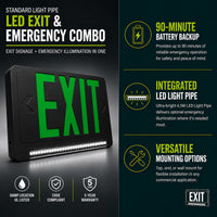 Standard Light Pipe LED Exit & Emergency Combo - Green Lettering with Black Housing Color - With 90 Minute Battery Back-Up