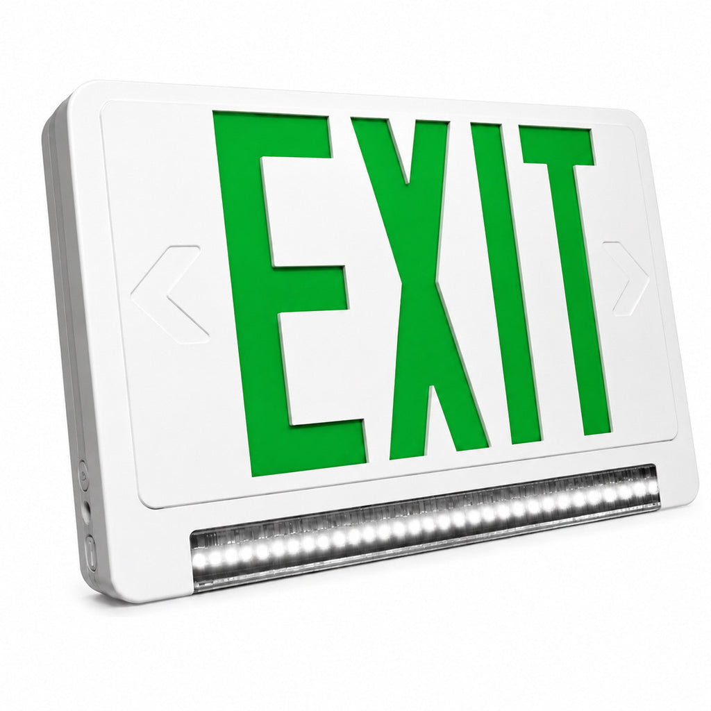 Standard Light pipe LED Exit & Emergency Combo - Green Lettering with White Housing Color - With 90 Minute Battery Back-Up