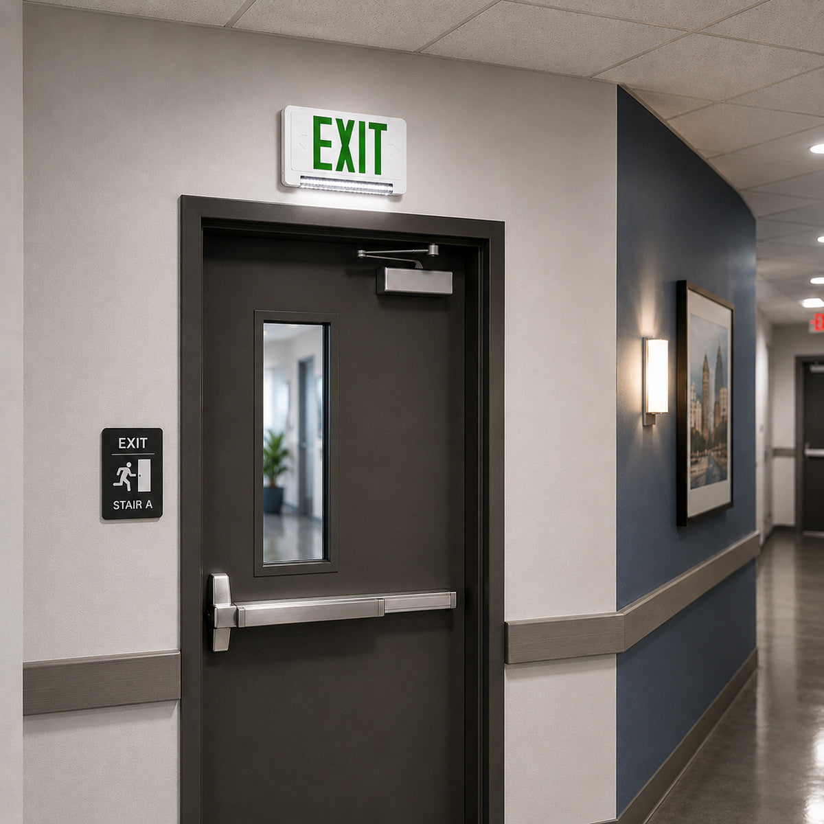Standard Light pipe LED Exit & Emergency Combo - Green Lettering with White Housing Color - With 90 Minute Battery Back-Up
