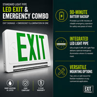 Standard Light pipe LED Exit & Emergency Combo - Green Lettering with White Housing Color - With 90 Minute Battery Back-Up