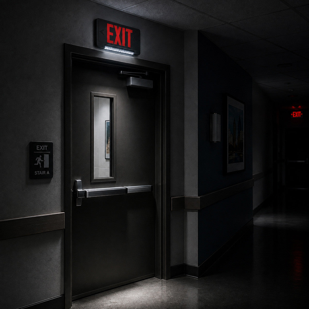 Standard Light pipe LED Exit & Emergency Combo - Red Lettering with Black Housing Color - With 90 Minute Battery Back-Up