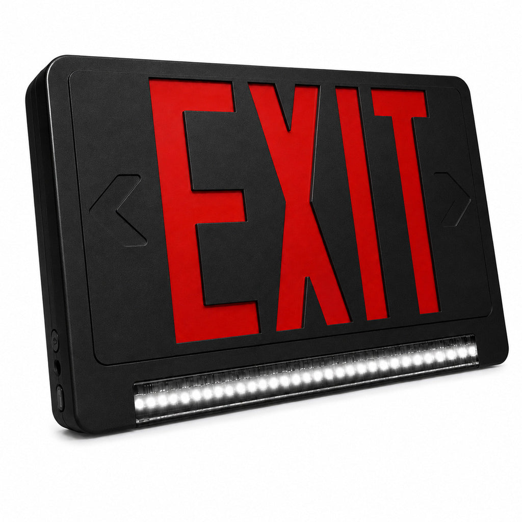 Standard Light pipe LED Exit & Emergency Combo - Red Lettering with Black Housing Color - With 90 Minute Battery Back-Up