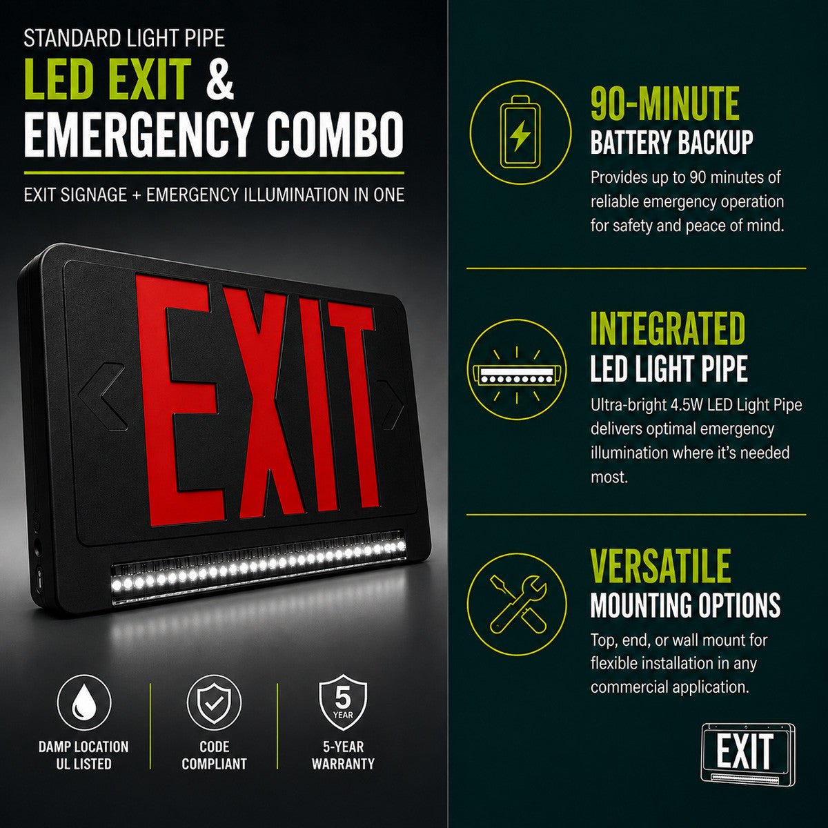 Standard Light pipe LED Exit & Emergency Combo - Red Lettering with Black Housing Color - With 90 Minute Battery Back-Up