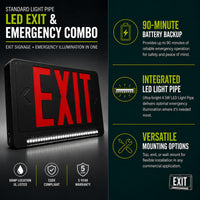 Standard Light pipe LED Exit & Emergency Combo - Red Lettering with Black Housing Color - With 90 Minute Battery Back-Up