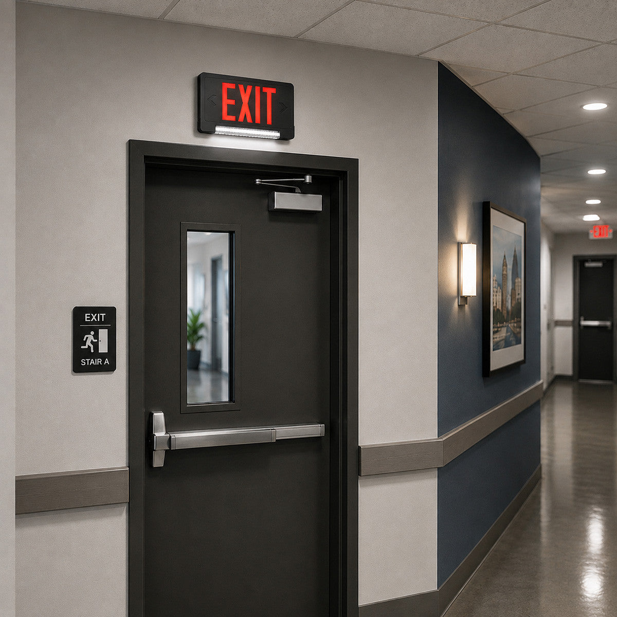 Standard Light pipe LED Exit & Emergency Combo - Red Lettering with Black Housing Color - With 90 Minute Battery Back-Up