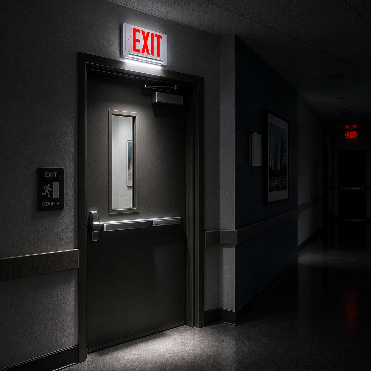 Standard Light pipe LED Exit & Emergency Combo - Red Lettering with White Housing Color - With 90 Minute Battery Back-Up