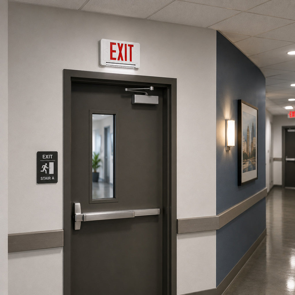 Standard Light pipe LED Exit & Emergency Combo - Red Lettering with White Housing Color - With 90 Minute Battery Back-Up