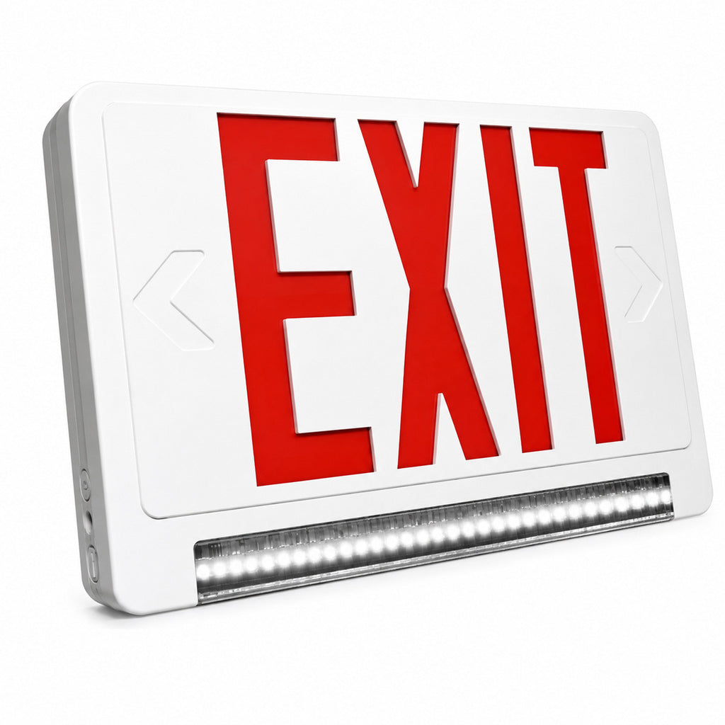 Standard Light pipe LED Exit & Emergency Combo - Red Lettering with White Housing Color - With 90 Minute Battery Back-Up