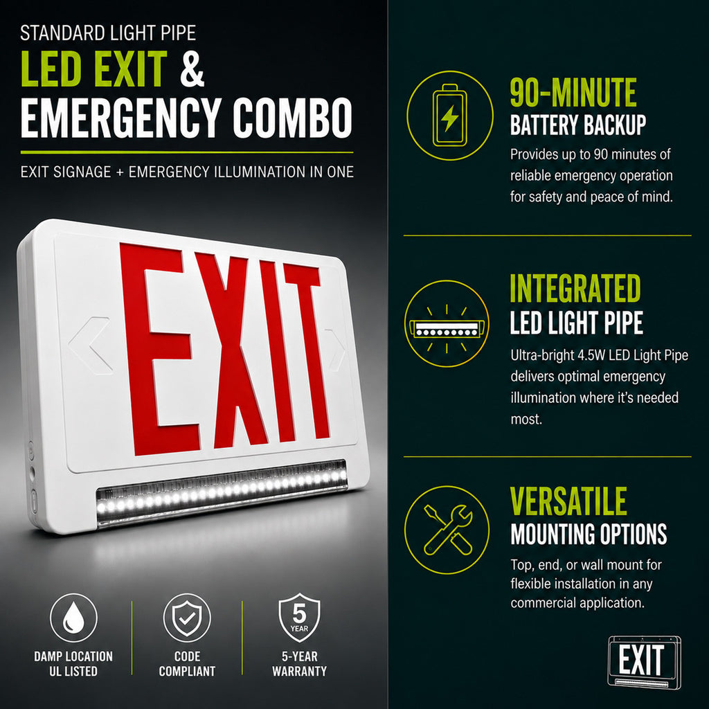 Standard Light pipe LED Exit & Emergency Combo - Red Lettering with White Housing Color - With 90 Minute Battery Back-Up