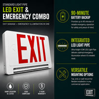 Standard Light pipe LED Exit & Emergency Combo - Red Lettering with White Housing Color - With 90 Minute Battery Back-Up