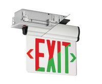 LED Exit and Emergency, Edge-Lit, Universal Face, Switchable Red/Green letters, Universal Recessed/Surface Mount, 120/277V, Satin Aluminum Housing, AC Only