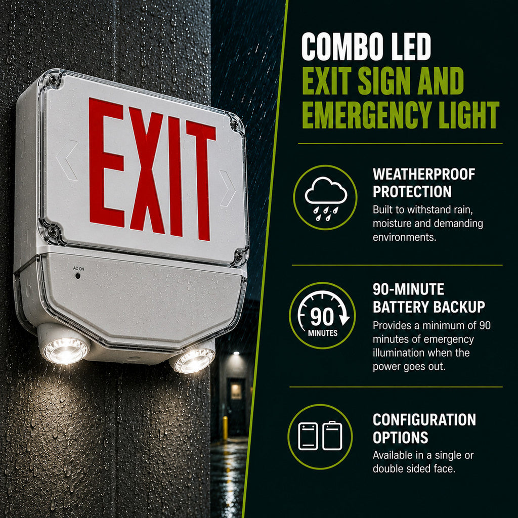 Wet Location Combo LED Exit Sign And Emergency Light Double Face- White Housing Color, and Red Lettering - With 90 Minute Battery Back-Up