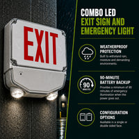 Wet Location Combo LED Exit Sign And Emergency Light Double Face- White Housing Color, and Red Lettering - With 90 Minute Battery Back-Up