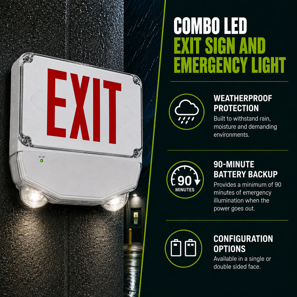 Wet Location Combo LED Exit Sign And Emergency Light Double Face- White Housing Color, and Red Lettering - With 90 Minute Battery Back-Up