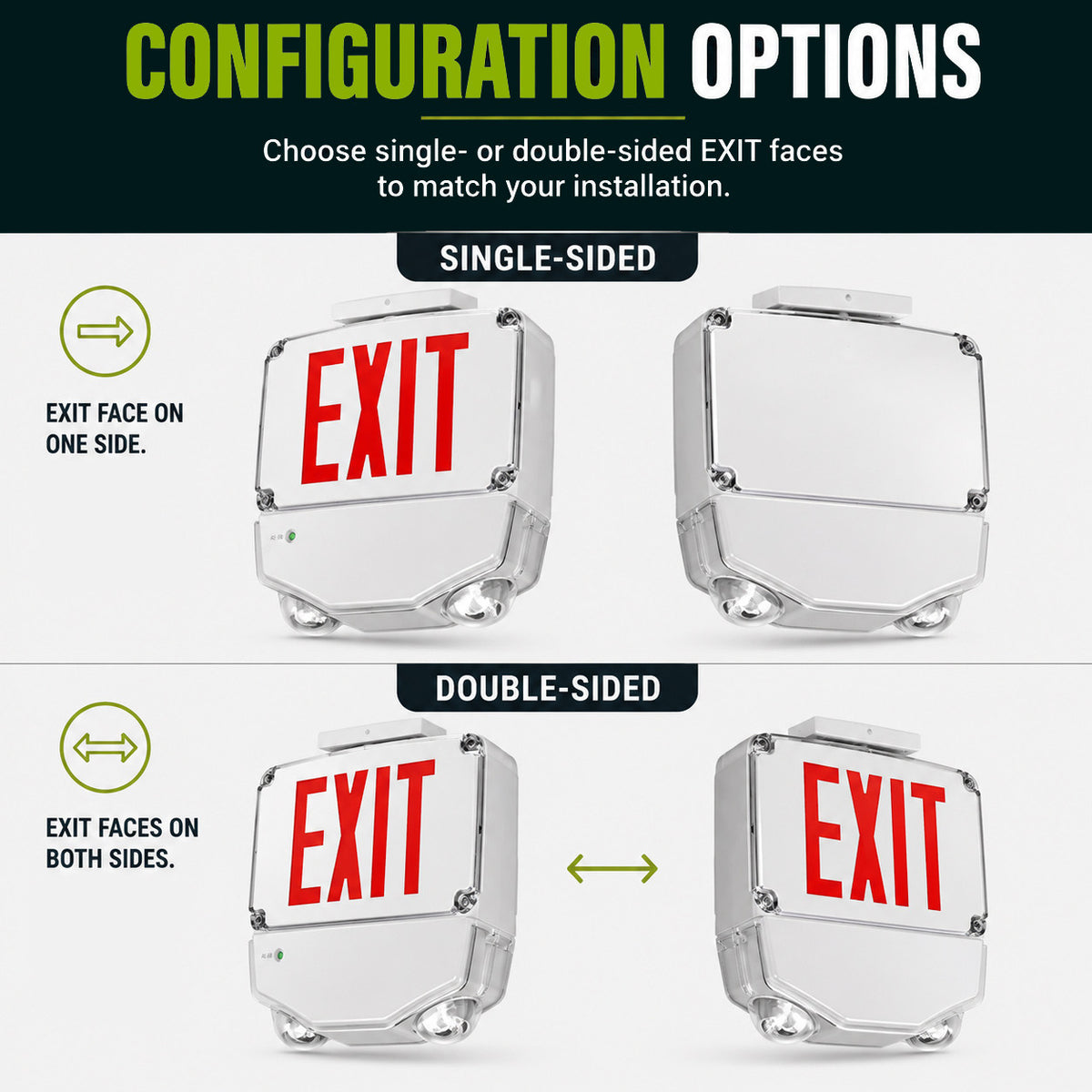 Wet Location Combo LED Exit Sign And Emergency Light Double Face- White Housing Color, and Red Lettering - With 90 Minute Battery Back-Up