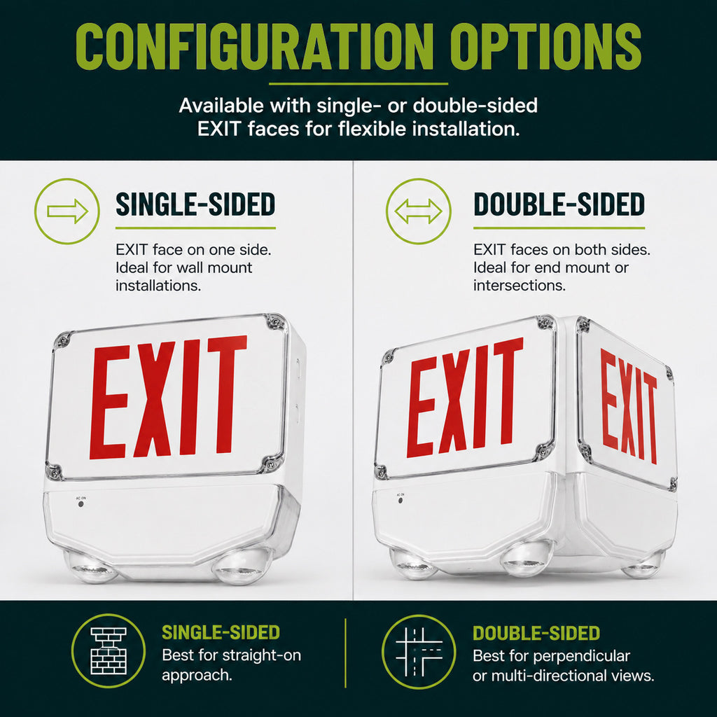 Wet Location Combo LED Exit Sign And Emergency Light Double Face- White Housing Color, and Red Lettering - With 90 Minute Battery Back-Up