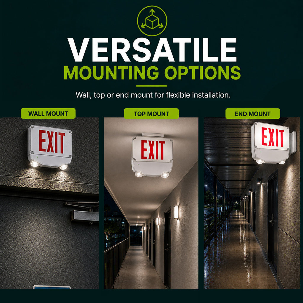 Wet Location Combo LED Exit Sign And Emergency Light Double Face- White Housing Color, and Red Lettering - With 90 Minute Battery Back-Up
