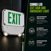 Wet Location Combo LED Exit Sign And Emergency Light Double Face- White Housing Color, and Green Lettering - With 90 Minute Battery Back-Up