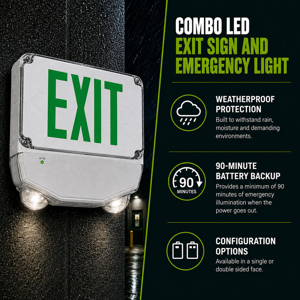 Wet Location Combo LED Exit Sign And Emergency Light Single Face- White Housing Color, and Green Lettering - With 90 Minute Battery Back-Up