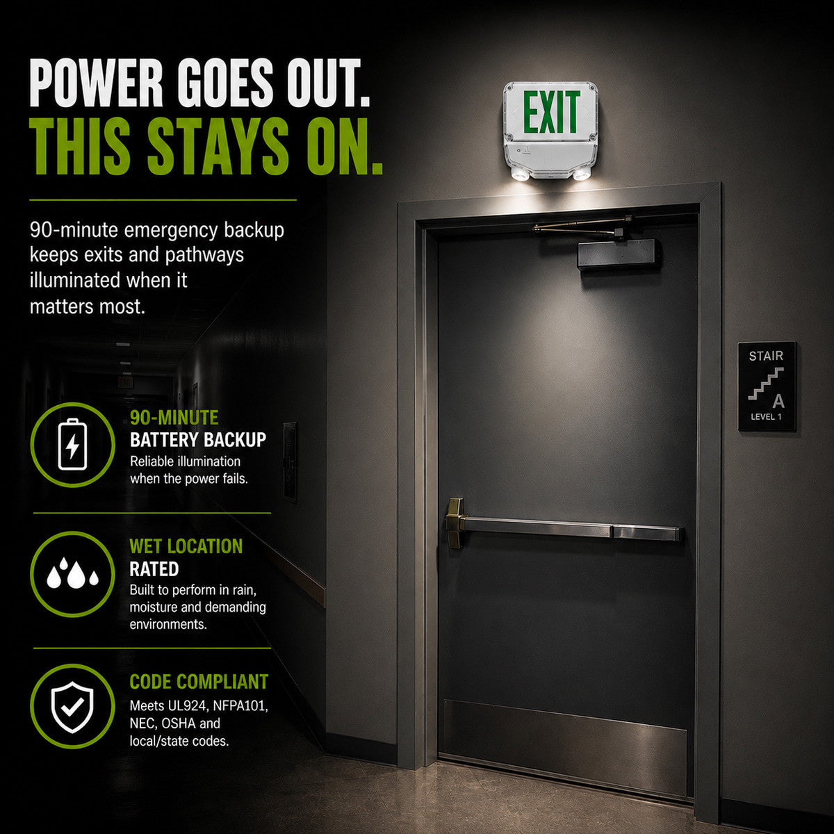 Wet Location Combo LED Exit Sign And Emergency Light Double Face- White Housing Color, and Green Lettering - With 90 Minute Battery Back-Up