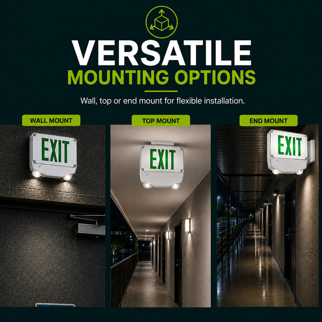 Wet Location Combo LED Exit Sign And Emergency Light Single Face- White Housing Color, and Green Lettering - With 90 Minute Battery Back-Up