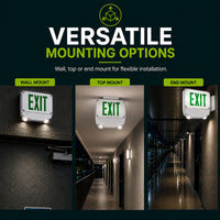 Wet Location Combo LED Exit Sign And Emergency Light Double Face- White Housing Color, and Green Lettering - With 90 Minute Battery Back-Up