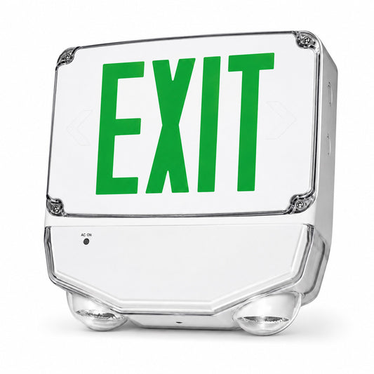 Wet Location Combo LED Exit Sign And Emergency Light Double Face- White Housing Color, and Green Lettering - With 90 Minute Battery Back-Up