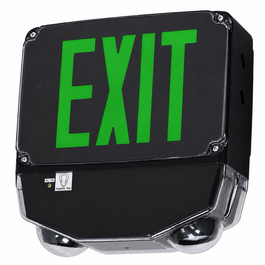 Wet Location Combo LED Exit Sign And Emergency Light Double Face- Black Housing Color, and Green Lettering - With 90 Minute Battery Back-Up