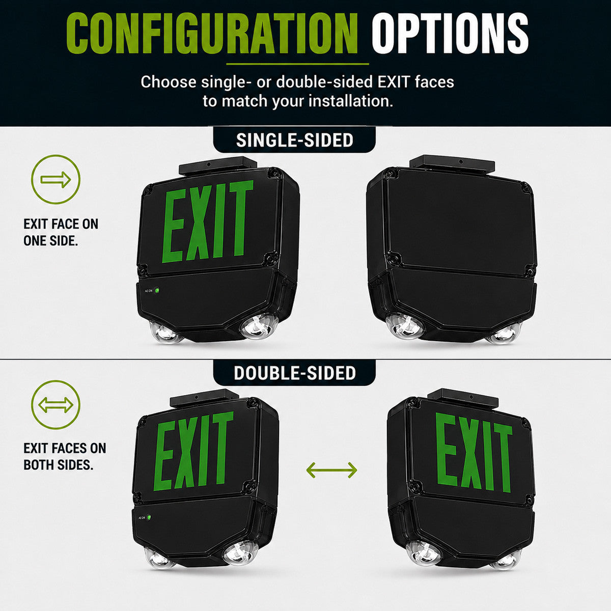 Wet Location Combo LED Exit Sign And Emergency Light Double Face- Black Housing Color, and Green Lettering - With 90 Minute Battery Back-Up