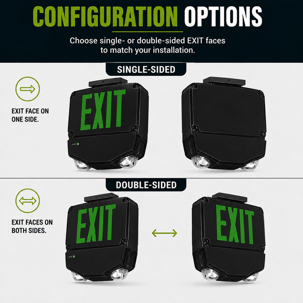 Wet Location Combo LED Exit Sign And Emergency Light Double Face- Black Housing Color, and Green Lettering - With 90 Minute Battery Back-Up
