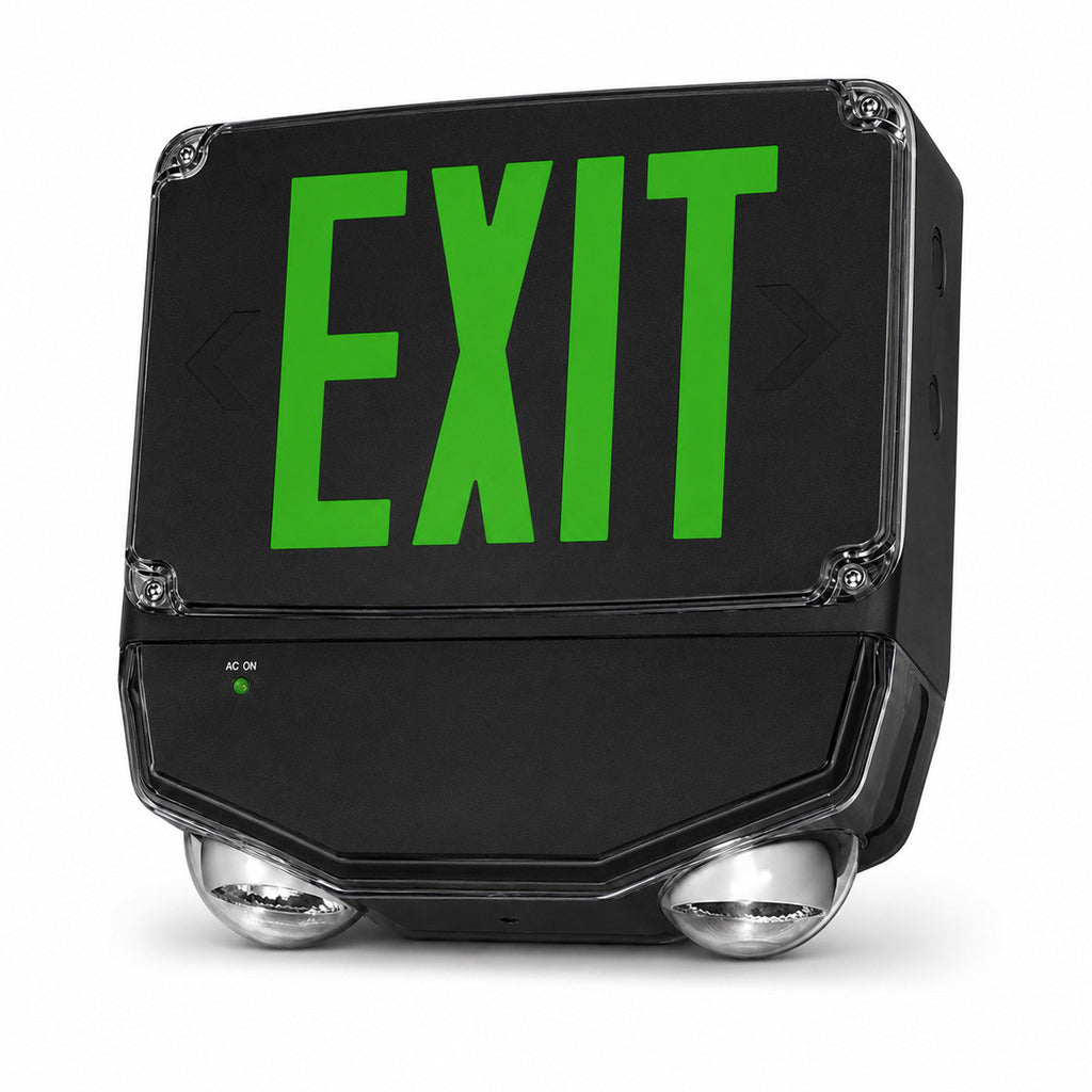 Wet Location Combo LED Exit Sign And Emergency Light Double Face- Black Housing Color, and Green Lettering - With 90 Minute Battery Back-Up