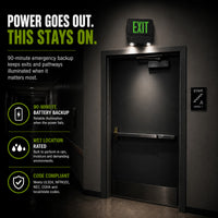Wet Location Combo LED Exit Sign And Emergency Light Double Face- Black Housing Color, and Green Lettering - With 90 Minute Battery Back-Up