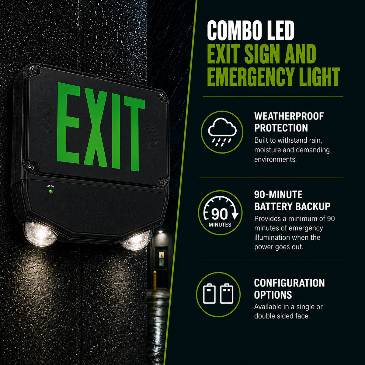 Wet Location Combo LED Exit Sign And Emergency Light Double Face- Black Housing Color, and Green Lettering - With 90 Minute Battery Back-Up