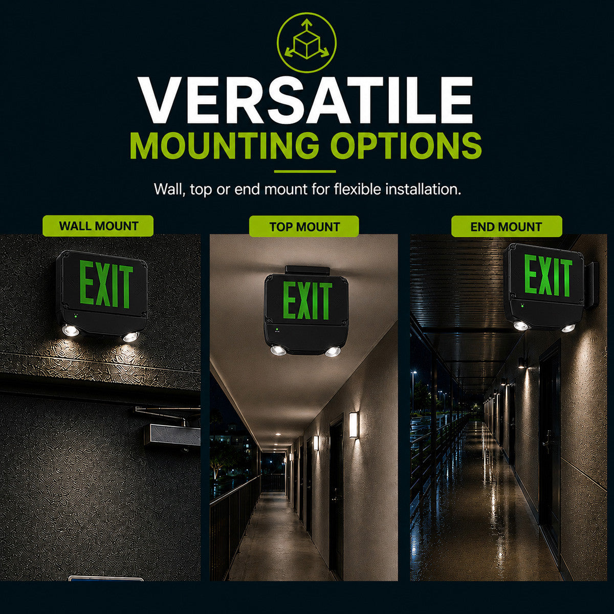 Wet Location Combo LED Exit Sign And Emergency Light Double Face- Black Housing Color, and Green Lettering - With 90 Minute Battery Back-Up
