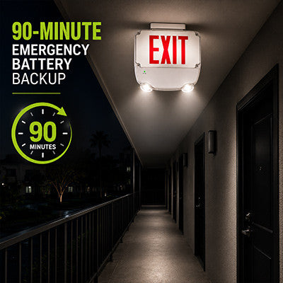 Wet Location Combo LED Exit Sign And Emergency Light Double Face- White Housing Color, and Red Lettering - With 90 Minute Battery Back-Up