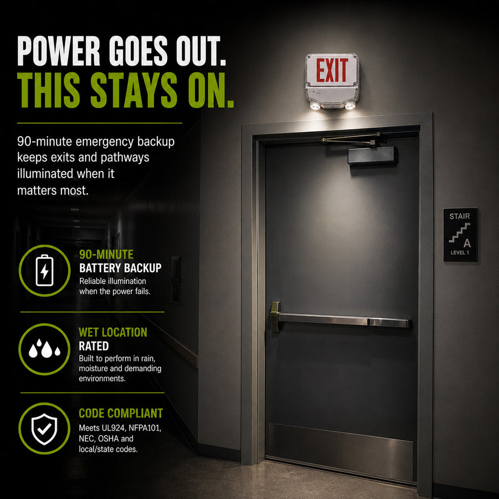 Wet Location Combo LED Exit Sign And Emergency Light Double Face- White Housing Color, and Red Lettering - With 90 Minute Battery Back-Up