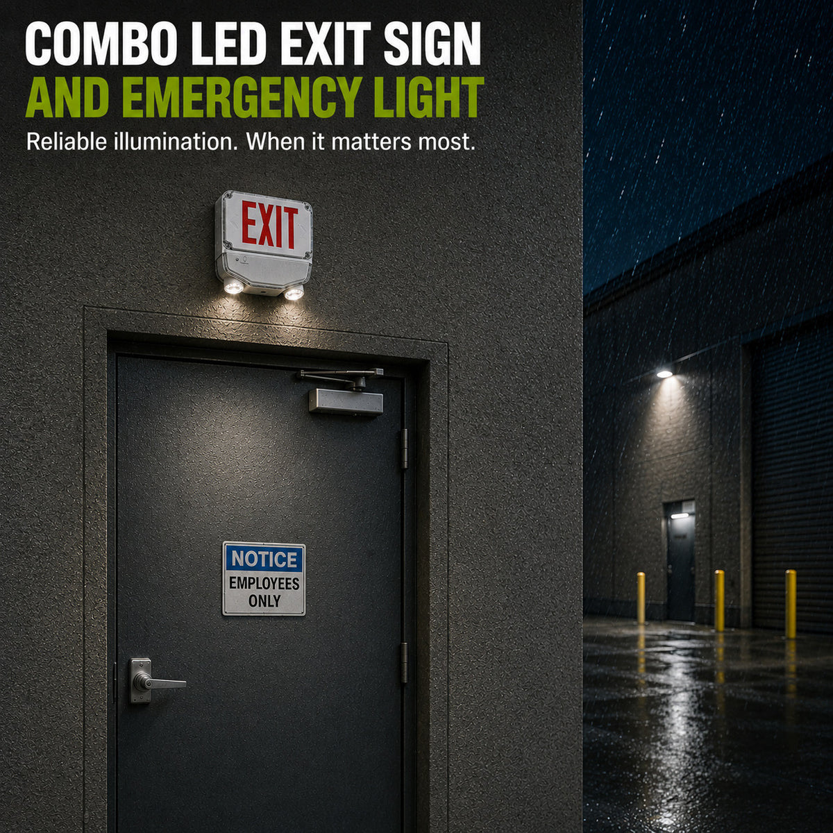 Wet Location Combo LED Exit Sign And Emergency Light Double Face- White Housing Color, and Red Lettering - With 90 Minute Battery Back-Up