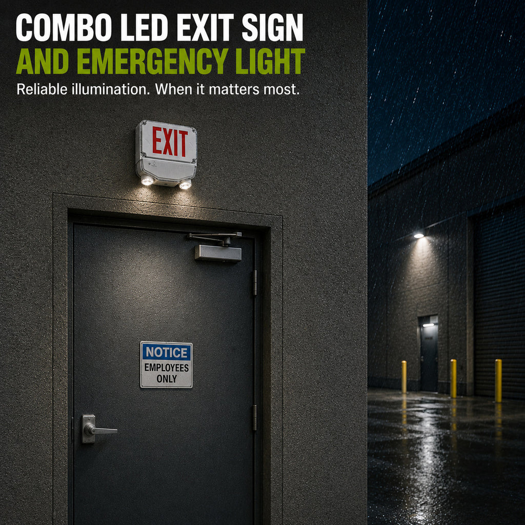 Wet Location Combo LED Exit Sign And Emergency Light Double Face- White Housing Color, and Red Lettering - With 90 Minute Battery Back-Up