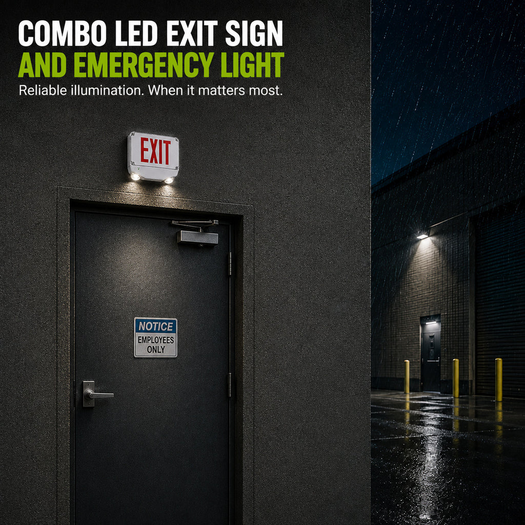 Wet Location Combo LED Exit Sign And Emergency Light Double Face- White Housing Color, and Red Lettering - With 90 Minute Battery Back-Up