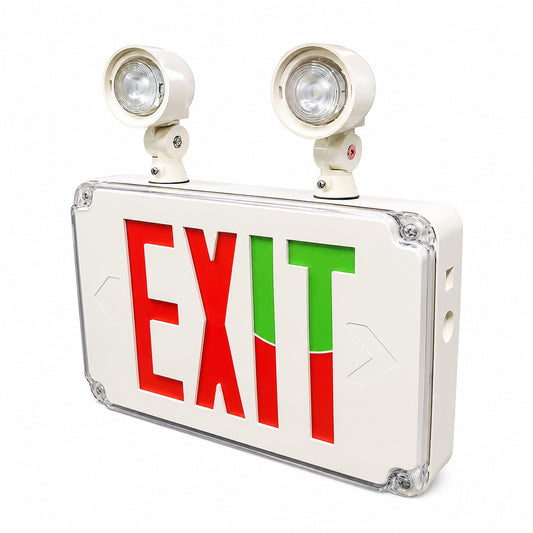 Wet Location Universal Single/Double Face Red & Green Led Exit Sign Combo Unit White Finish