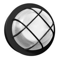 LED Round Bulk Head Light With Diamond Cage - Glass Lens - Wall or Ceiling Mount – Wet Location - Watt Selectable 15W/12W/9W - Color Selectable 30K/40K/50K - 120/277V - Black Finish - Integrated Photocell Included