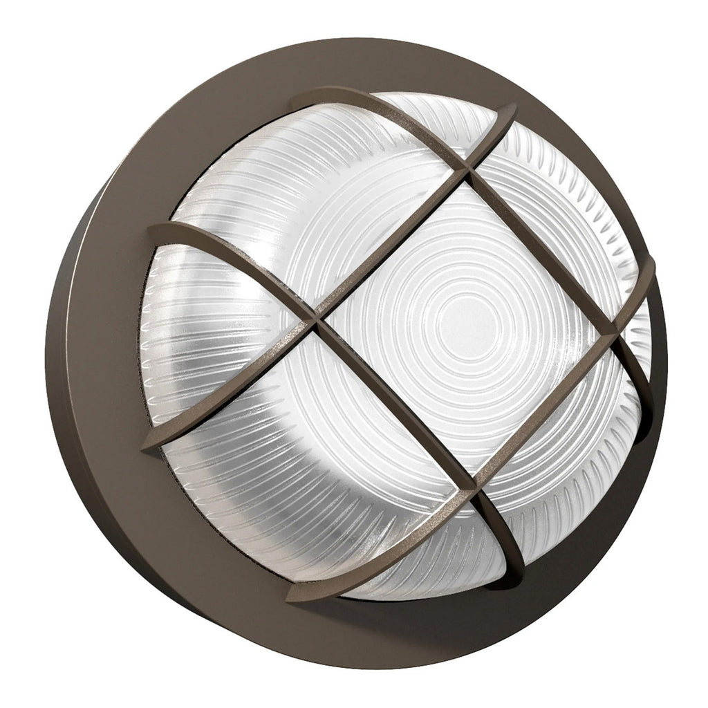 LED Round Bulk Head Light With Diamond Cage - Glass Lens - Wall or Ceiling Mount – Wet Location - Watt Selectable 15W/12W/9W - Color Selectable 30K/40K/50K - 120/277V - Bronze Finish - Integrated Photocell Included