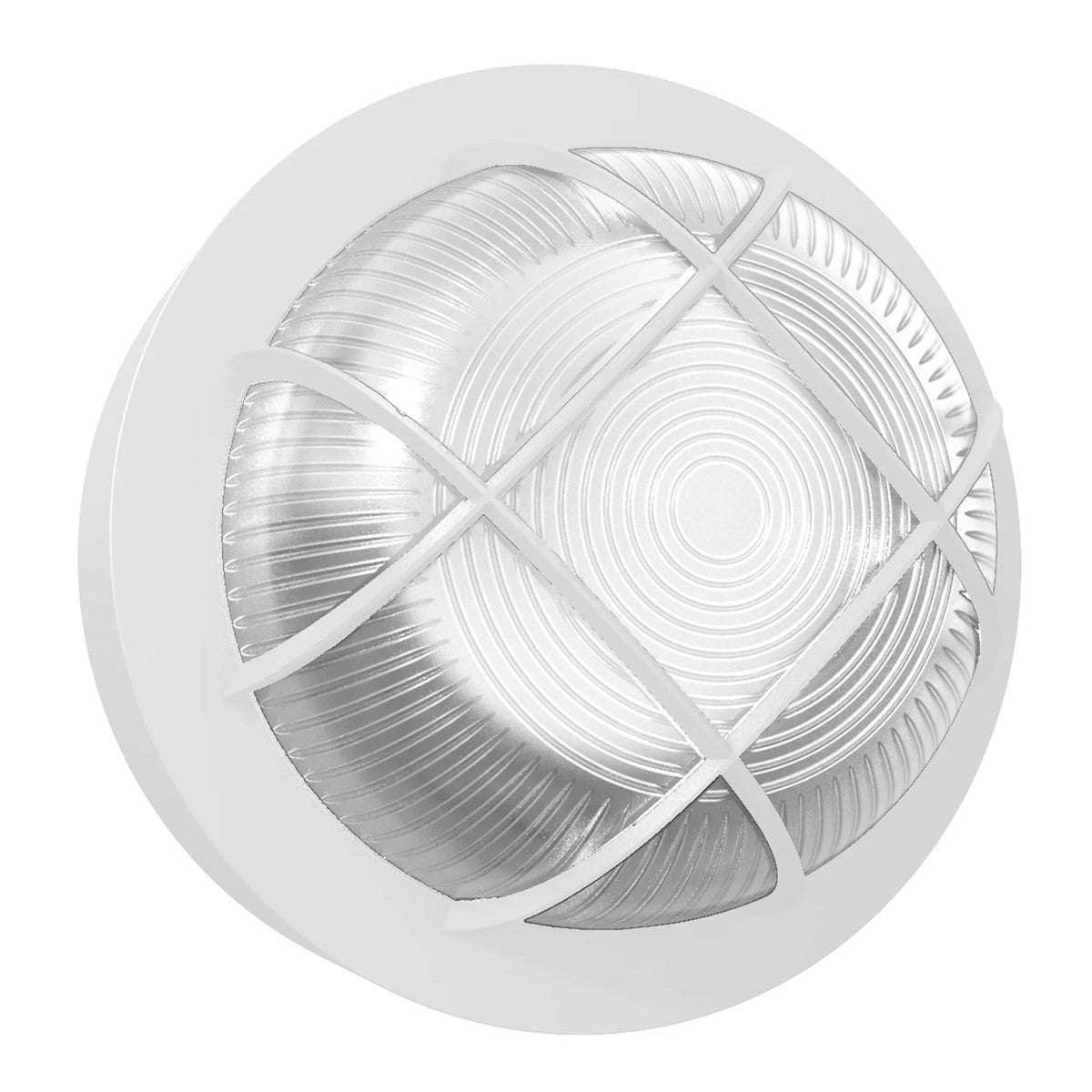 LED Round Bulk Head Light With Diamond Cage - Glass Lens - Wall or Ceiling Mount – Wet Location - Watt Selectable 15W/12W/9W - Color Selectable 30K/40K/50K - 120/277V - White Finish - Integrated Photocell Included
